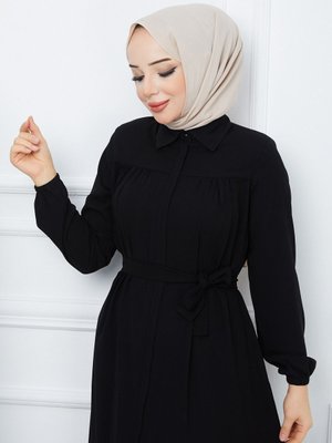 Tesettür Giyim Robalı Büzgülü Kuşaklı Ferace Siyah