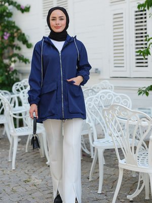 Kapüşon Sim Detay Ceket Saks Mavi Kapüşon Sim Detay Ceket Saks Mavi