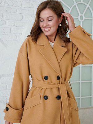 Kruvaze Ceket Yaka Düğmeli Kuşaklı Uzun Kollu Düşük Omuz Astarlı Midi Boy Camel Kaban