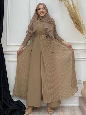 Piliseli Şifon Pelerin Detay Bel Kuşaklı Tulum Vizon