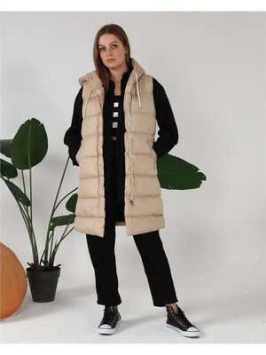 Kapüşonlu Kolsuz Şişme Uzun Yelek Bej