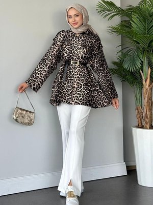 Leopar Desenli Ceket Beyaz