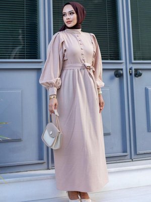 Açık Somon Düğme Detaylı Elbise Açık Somon Düğme Detaylı Elbise