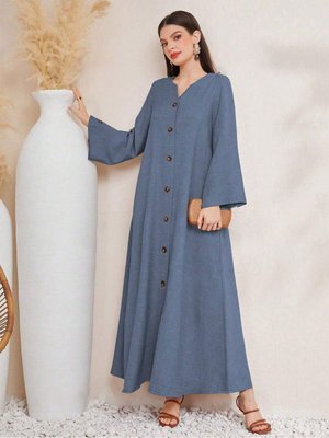 Mavi Tek Sıra Düğmeli Keten Elbise Mavi Tek Sıra Düğmeli Keten Elbise