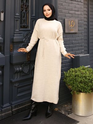 Taş Rengi Fitilli Boydan Elbise