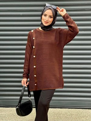 Kahverengi Top Düğmeli Triko Tunik