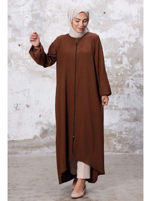 Kahve Asimetrik Fermuarlı Ferace