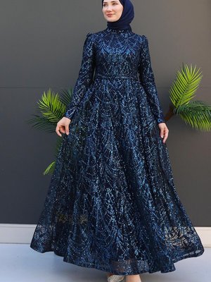 Simli Tül Abiye Elbise Lacivert