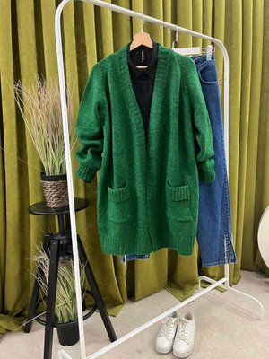 Yeşil Kol Katmanlı Cepli Salaş Triko Tunik Uzun Hırka