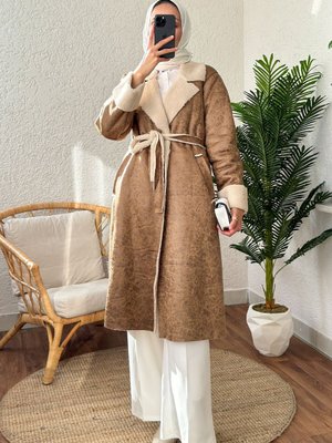 İçi Peluşlu Uzun Manto Taba