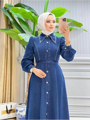 Taş Detaylı Kot Elbise