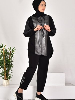 Siyah İki İplik Kumaş Kapüşonlu Ve Garnili İkili Takım