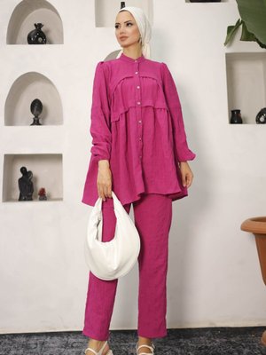 Mevsimlik Keten Pantolonlu İkili Alt Üst Takım