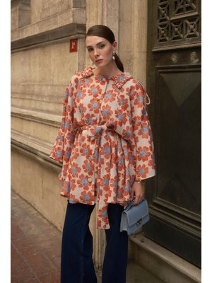 Kırmızı Minella Desenli Yaka Taş Detaylı Pelerin