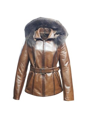 Kahverengi Hakiki Deri Kemerli Kürklü Ceket
