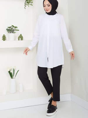 Beyaz Terikoton Gizli Düğmeli Boyfriend Gömlek
