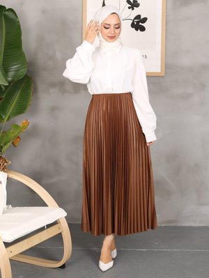 Vizon Deri Dik Pliseli Etek