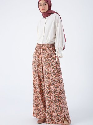 Somon Kiremit Baskılı Paçası Yırtmaçlı Beli Lastikli Wide Leg Viskon Keten Pantolon Somon Kiremit Baskılı Paçası Yırtmaçlı Beli Lastikli Wide Leg Viskon Keten Pantolon