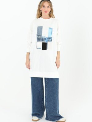 Ekru İki İplik Kumaş Önü Garnili Sweatshirt