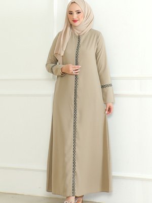 Nakışlı Fermuarlı Krep Kumaş Ferace