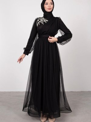 Önü Taşlı Detaylı Drapeli Kemerli Tül Abiye Elbise