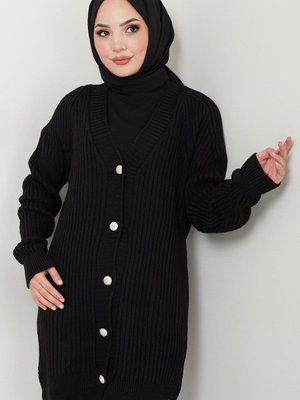 Fitilli Düğmeli Triko Hırka Siyah