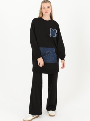 Siyah İki İplik Kumaş Kot Kanguru Cepli Sweatshirt Siyah İki İplik Kumaş Kot Kanguru Cepli Sweatshirt