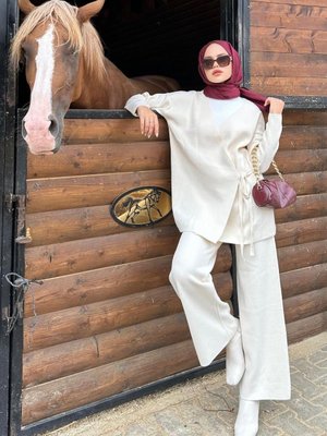 Maça İpli Triko Takım Ekru