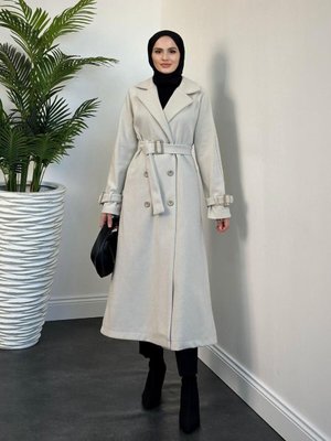 Mahika Astarlı Kemerli Kaşe Kaban Krem Mahika Astarlı Kemerli Kaşe Kaban Krem