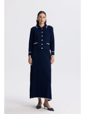 Lacivert Kontrast Gold Düğmeli Piliseli Etekli Triko Takım