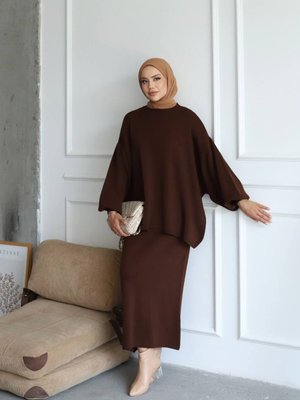 Kadın Kahverengi Triko Etekli Tunik Takım