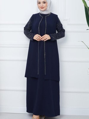 Kolları Taşlı Büyük Beden Anne Elbisesi Lacivert