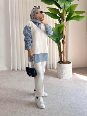 Modal Gömlek Yaka Çizgili İkili Takım Ekru Modal Gömlek Yaka Çizgili İkili Takım Ekru