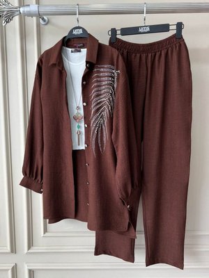 Kadın Gömlek Yaka Keten Takım