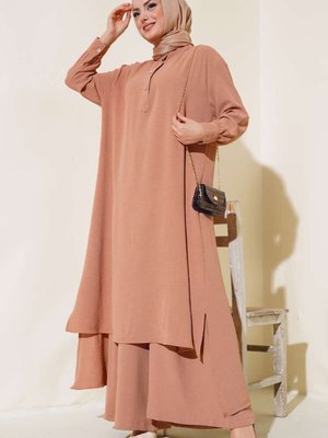 Bej Büyük Beden Pantolonu Lastikli Ayrobin Salaş İkili Takım Bej Büyük Beden Pantolonu Lastikli Ayrobin Salaş İkili Takım