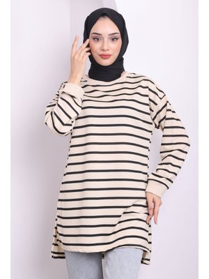 Siyah Yanları Yırtmaçlı Çizgili Tunik Siyah Yanları Yırtmaçlı Çizgili Tunik