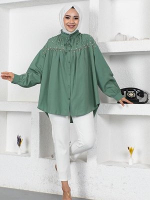 Boncuk Detaylı Gömlek Mint Yeşili