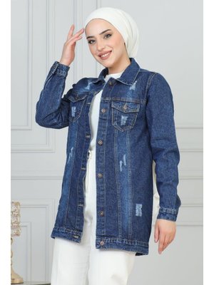 Koyu Mavi Cebi Lazer Detaylı Kot Ceket