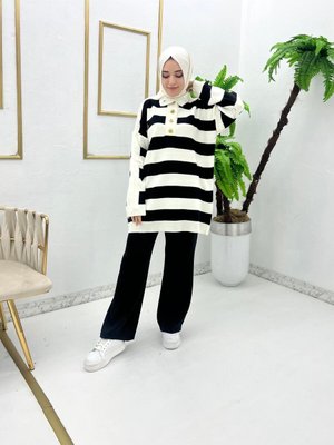 Düğme Deaty Çizgili Triko Takım Düğme Deaty Çizgili Triko Takım