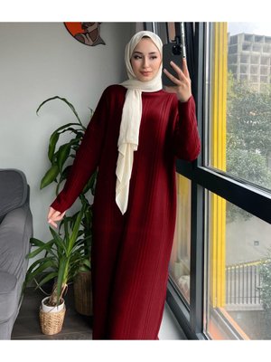 Oversize Bol Kesim Yarım Balıkçı Yaka Fitilli Triko Elbise Beden Arası