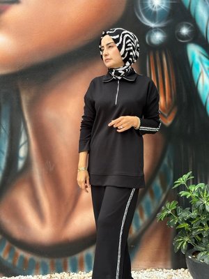 Beyaz Pul Şeritli Oyşo Eşofman Takımı Siyah