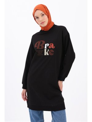 Siyah Aplike Nakışlı Sweat Tunik