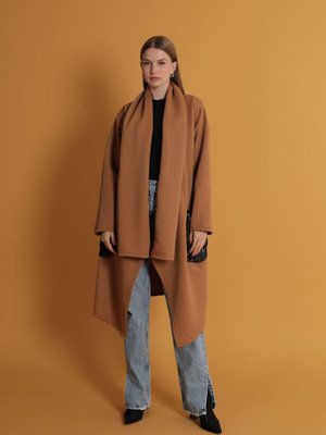 Hırka Petek Kumaş Oversize Cep Garni Detay Taba