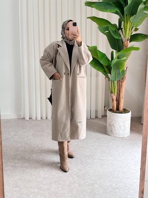 Owersize Kaşe Düğmeli Kaban Bej