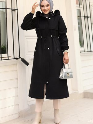 Siyah Tünel Detaylı Kaşe Kaban