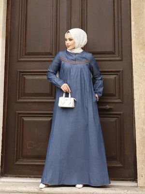 Koyu Lacivert Nakış Detaylı Kot Elbise