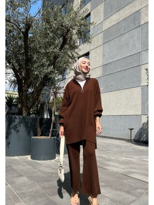 Fitilli Fermuarlı Tunik Ve Pantolon Triko İkili Takım