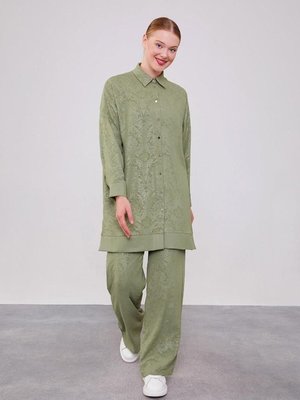 Haki Kendinden Desenli Jakarlı Tunik Takım