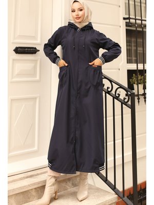 Lacivert Cep Detaylı Mevsimlik Trençkot