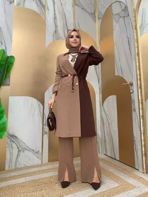 İki Renkli Düğmeli Bel Bağlamalı Yarım Boy Ceket Vizon